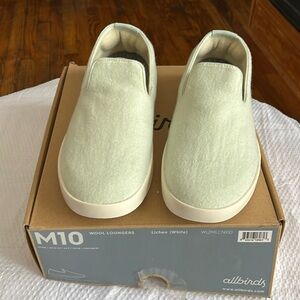Mens allbirds wool loungers in lichen/white (light greenish tint)